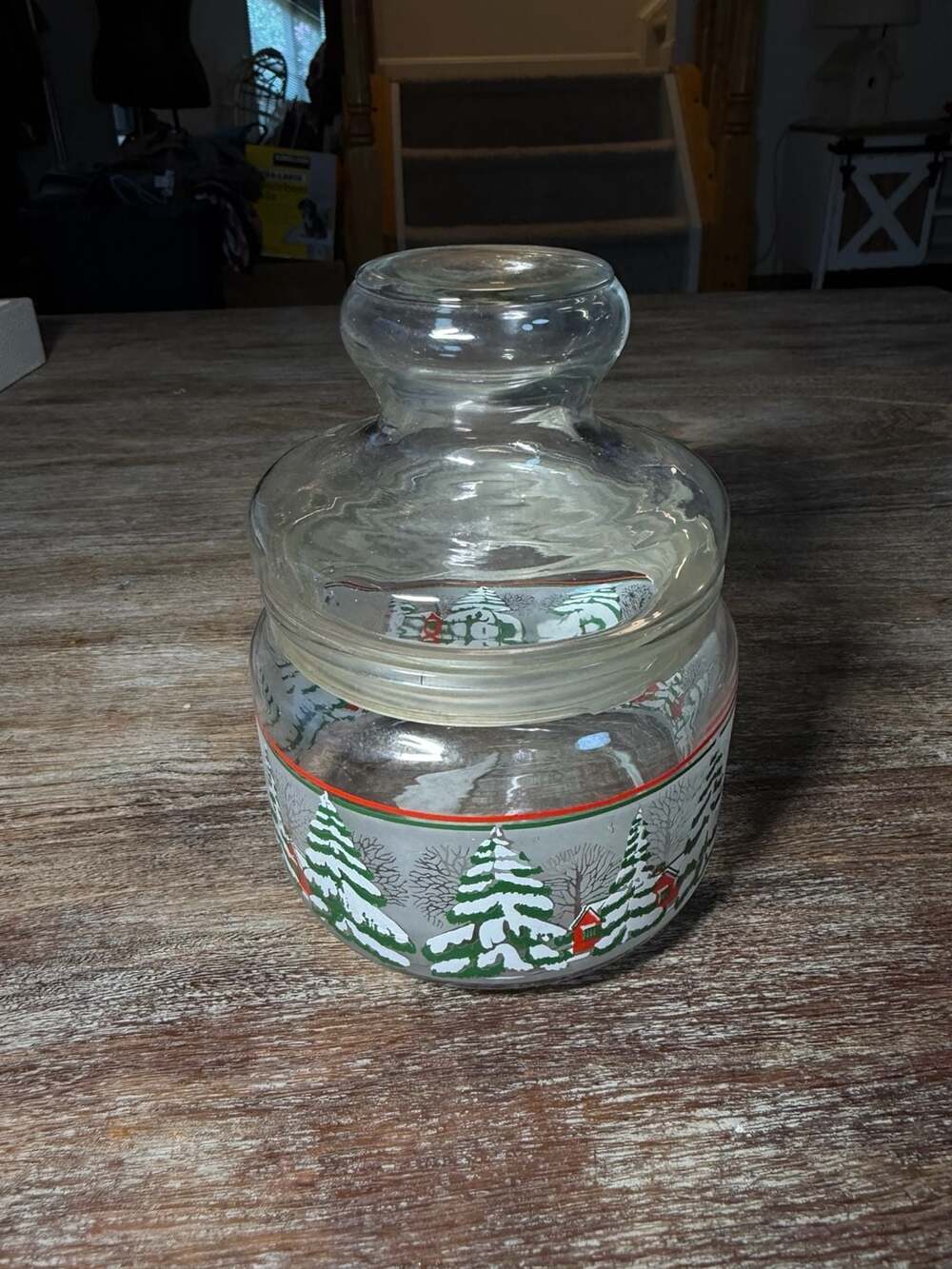 Vintage Christmas Winter Snow Scene Frosted Glass Candy Jar with Lid